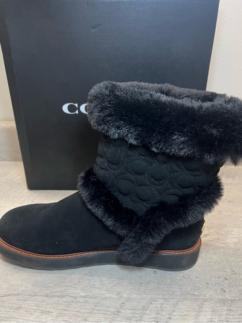 COACH IZZIE Boots Size 11 Black Signature Midcalf Suede Faux Fur FG4597 - Picture 9 of 16